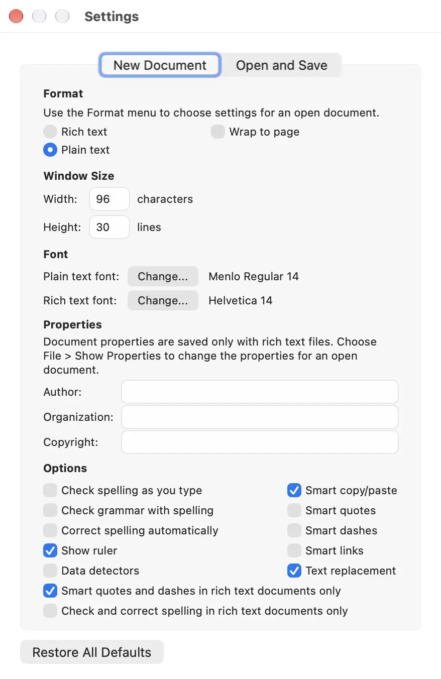 TextEdit New Document Settings.