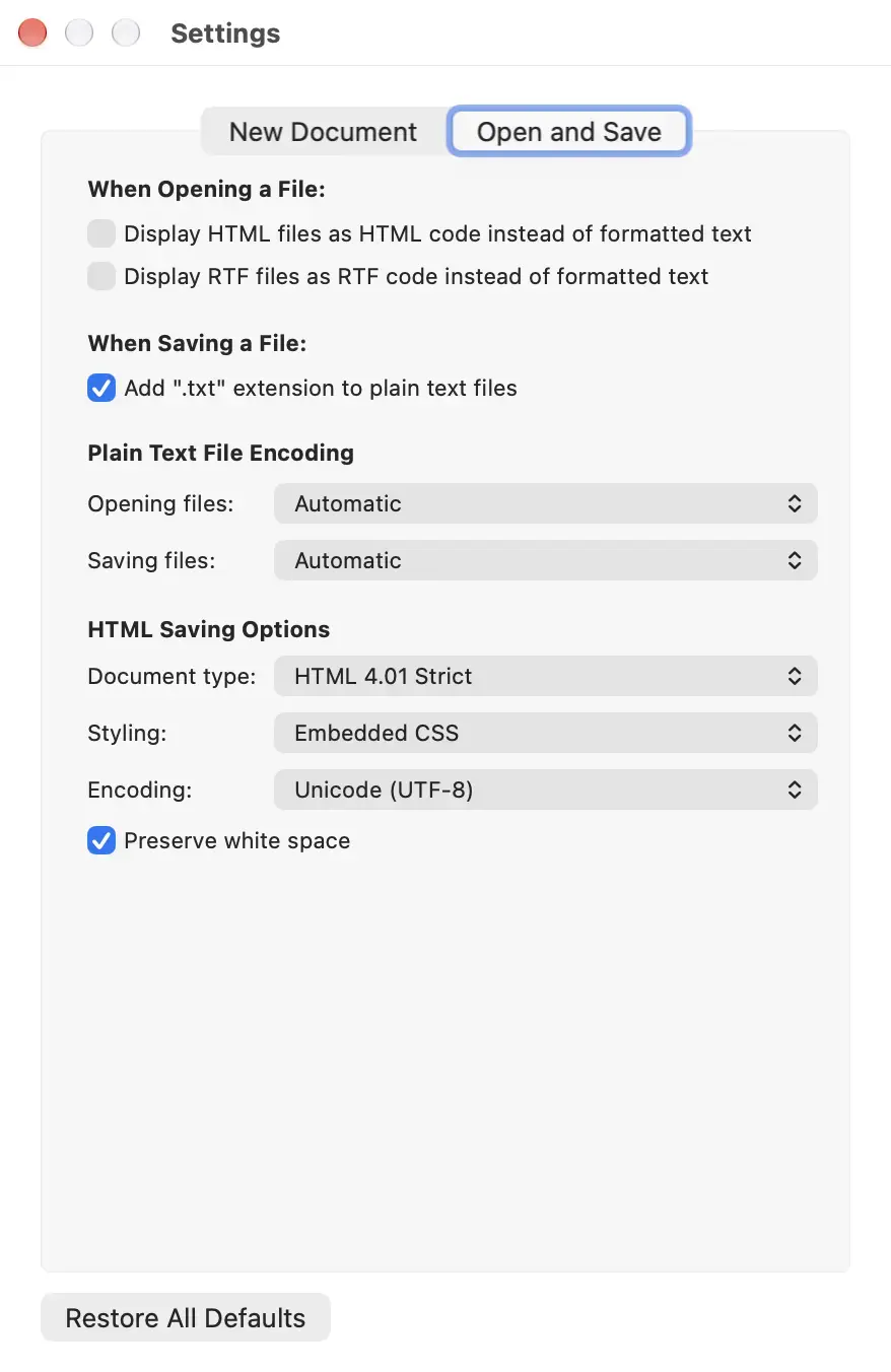 TextEdit Open and Save Settings.